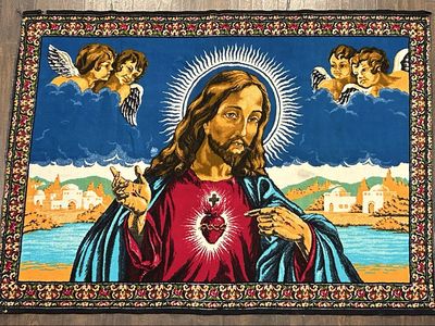 Vintage Sacred Heart Jesus Velveteen Tapestry