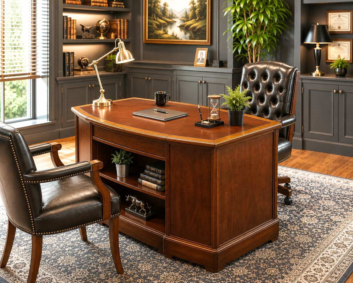 Refinished Executive Desk | Double-Sided | Leather Top | 8 Drawers | Solid Wood Office Desk