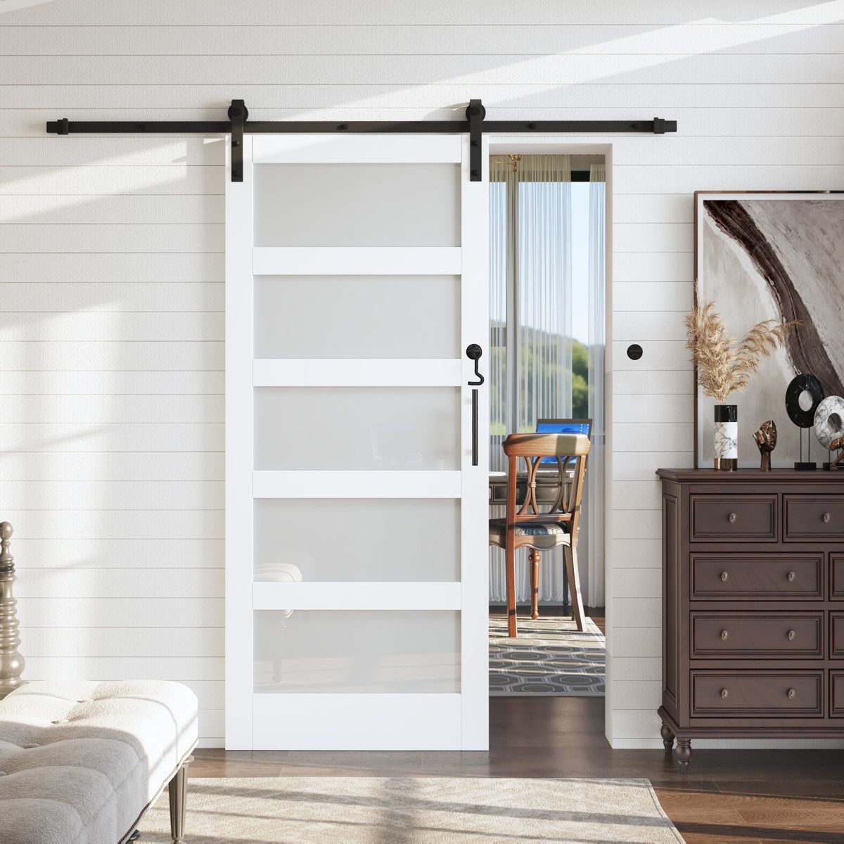 84"H x 48"W White Wood Glass Sliding Barn Doors
