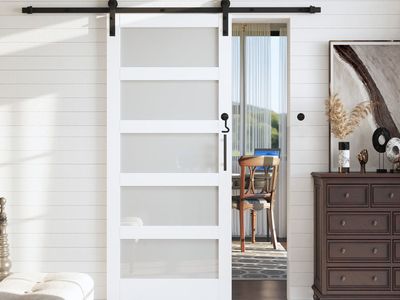84"H x 48"W White Wood Glass Sliding Barn Doors