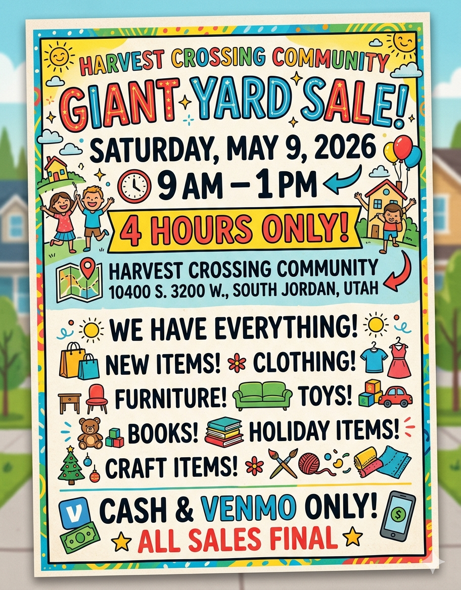 HARVEST CROSSING COMMUNITY YARD SALE - May 9 from 9am-1pm 10400 S 3200 W South Jordan Utah