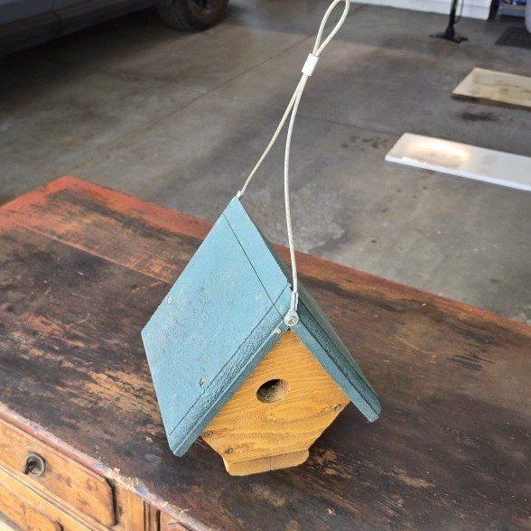 Wooden Birdhouse - Rustic Green Roof & Natural Wood Body