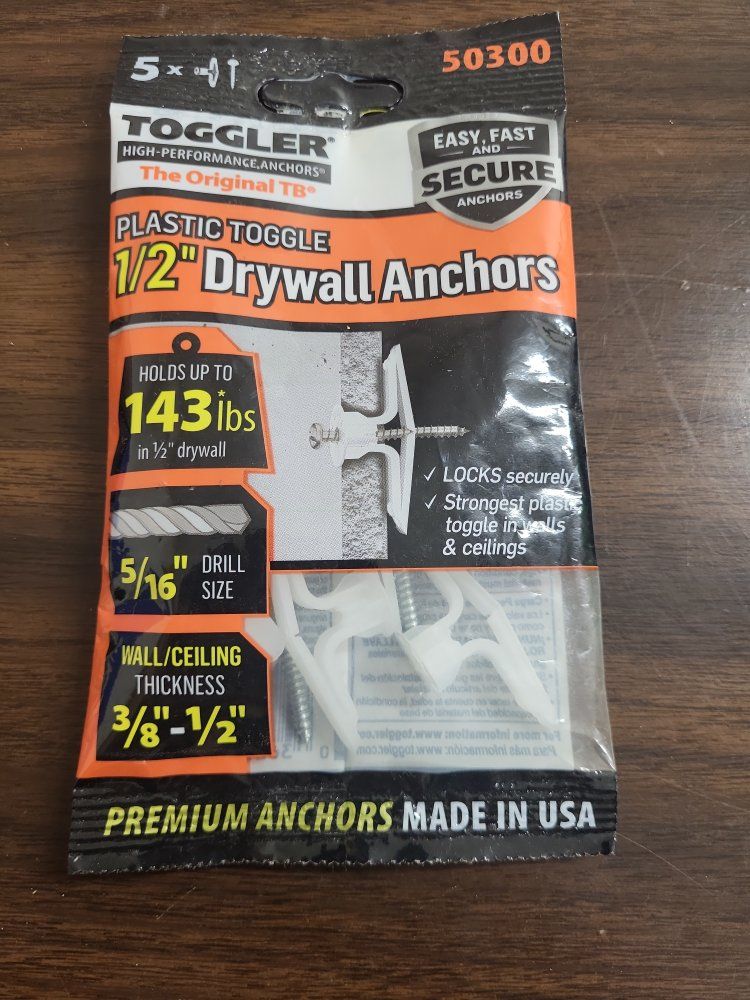 TOGGLER Original TB High-Performance 1/2" Drywall Anchors, Holds 143lbs, Made in USA
