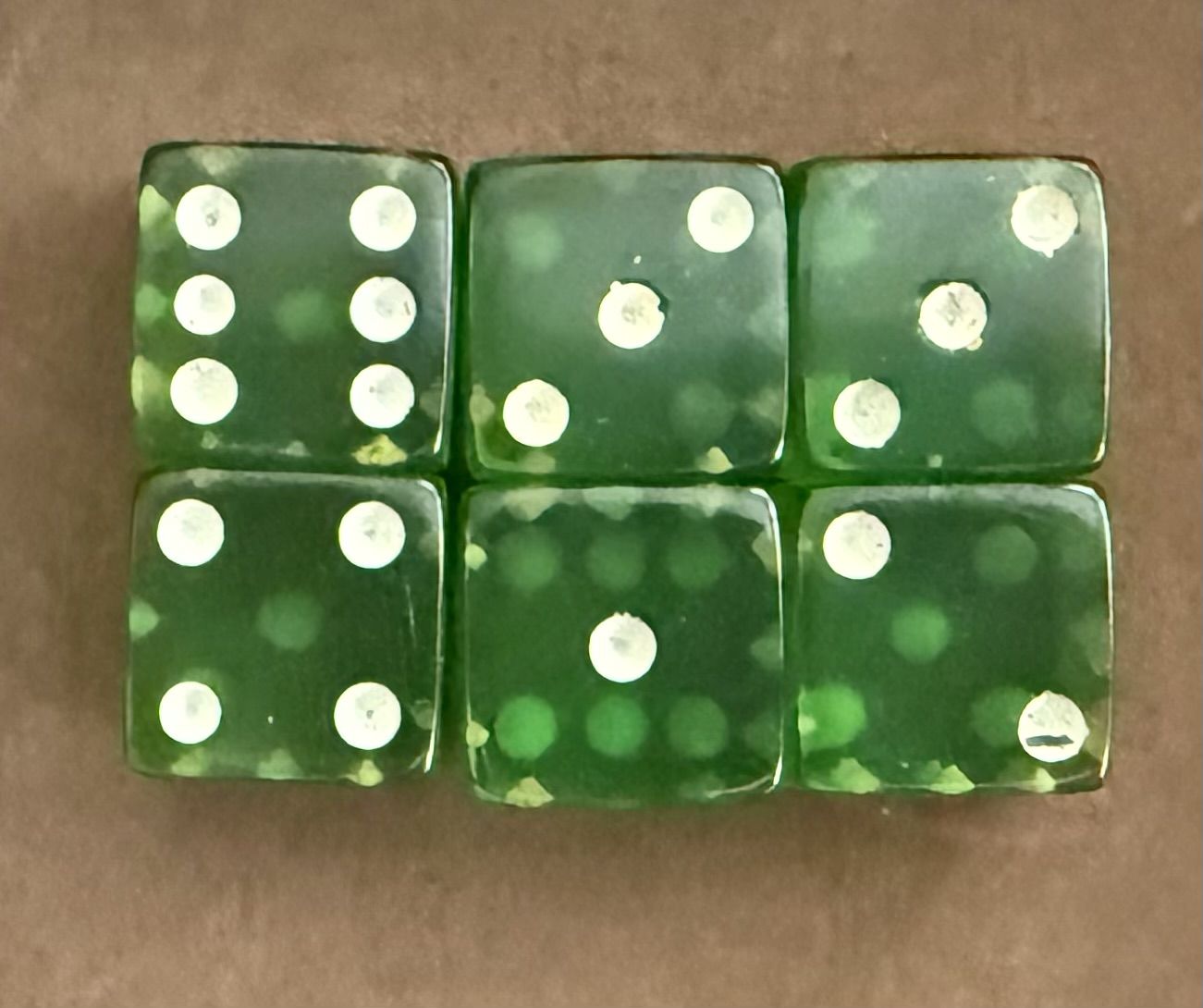 6 Vintage Translucent Apple Green Lucite Dice White Dots