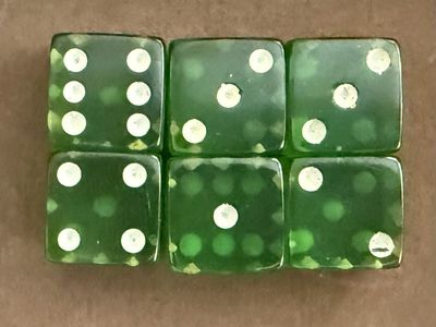 6 Vintage Translucent Apple Green Lucite Dice White Dots