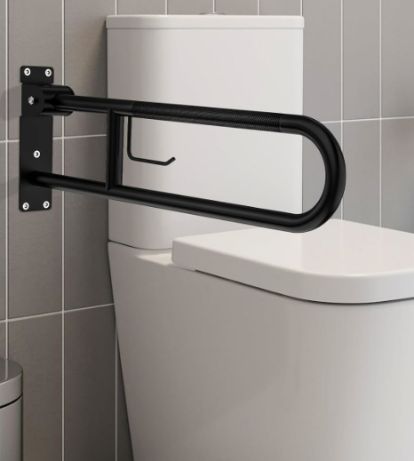 Toilet Grab Bar 30.3 Inch, Flip Up Grab Bar with Paper Holder, Matte Black Anti-Slip Safety Bar for Toilet