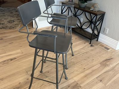 Set of 2 Grey Wood & Metal Swivel High Chairs with Armrests - Comfortable & Versatile