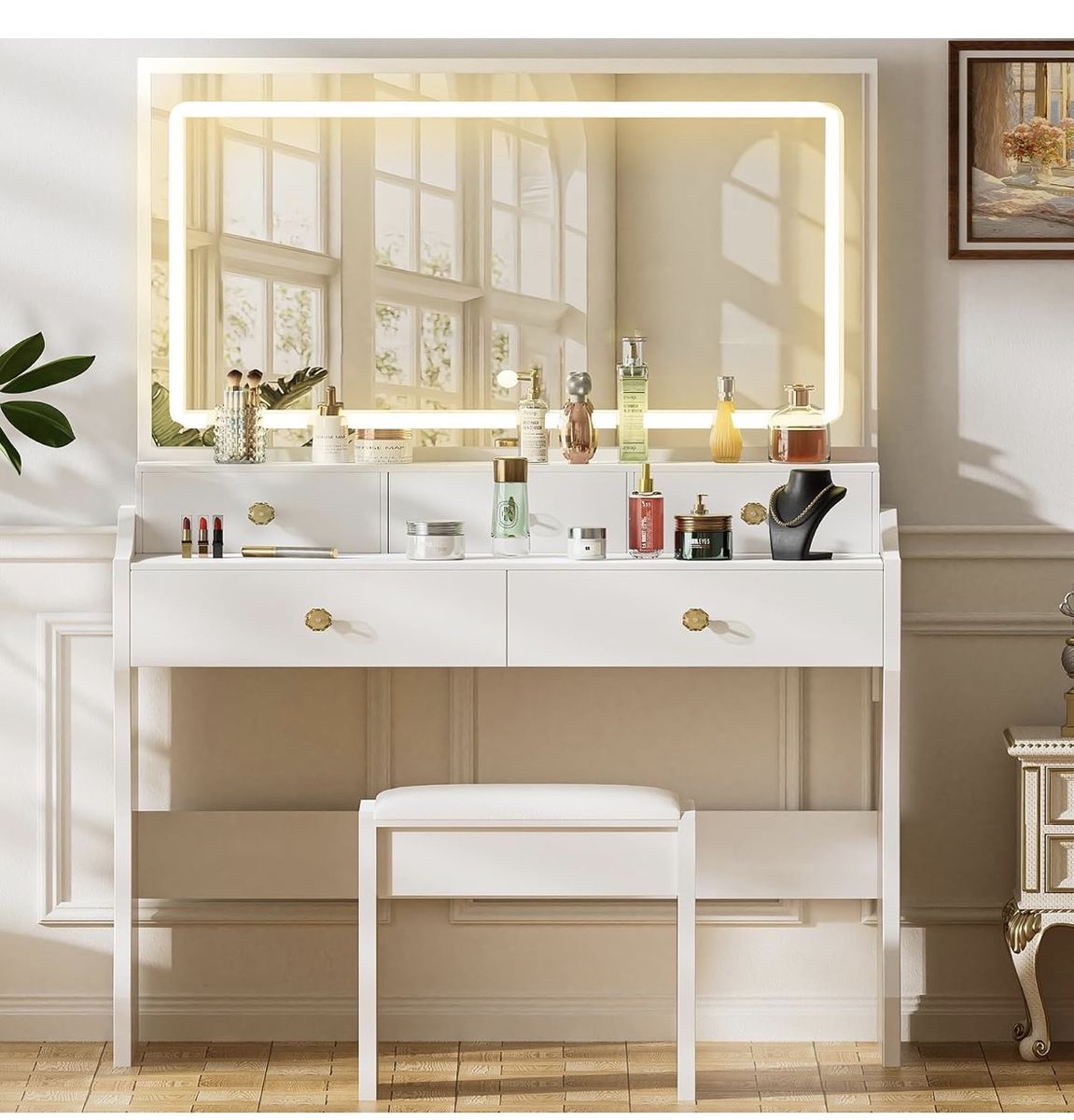 White Makeup Vanity Table Set with Lighted Mirror, Power Outlets & Stool