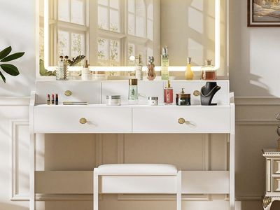 White Makeup Vanity Table Set with Lighted Mirror, Power Outlets & Stool
