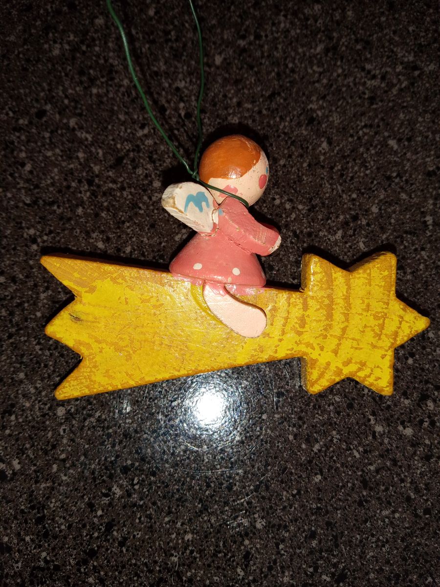 Vintage Wooden Angel on Shooting Star Christmas Tree Ornament