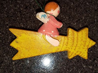 Vintage Wooden Angel on Shooting Star Christmas Tree Ornament