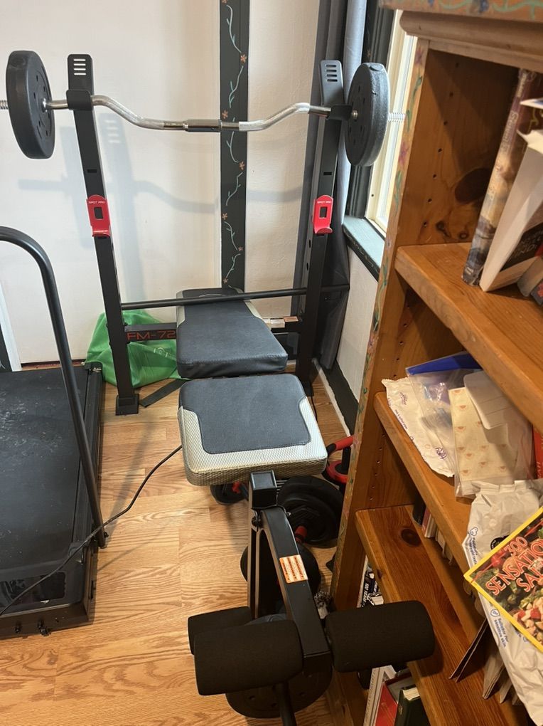 Workout Bench, Barbell, Dumbbell Rods And Weights