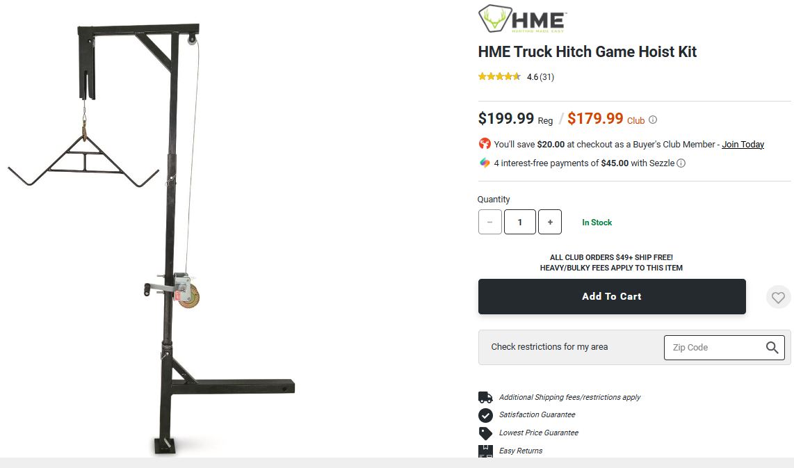 Reduced Price! HME 400 LB Game Swivel Hitch Hoist (New)