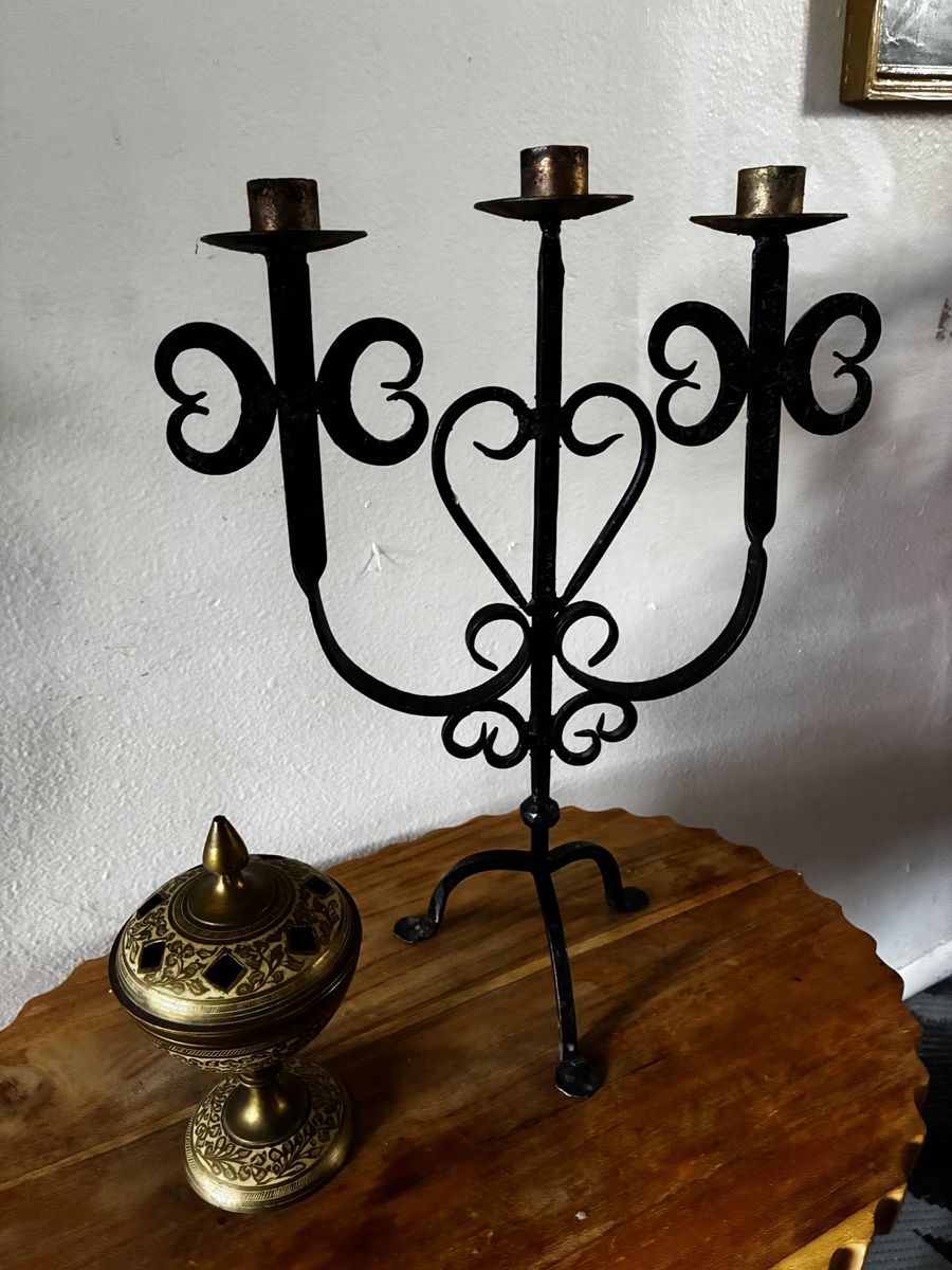 brutalist Antique Wrought Iron 3-Candle Candelabra, Black Metal Pillar Taper Candle Holder and Antique brass inscense holder.