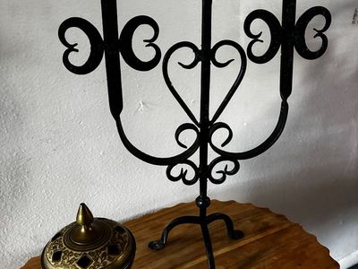 brutalist Antique Wrought Iron 3-Candle Candelabra, Black Metal Pillar Taper Candle Holder and Antique brass inscense holder.