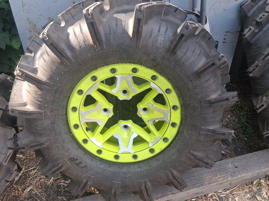 Custom Can-Am Renegade Mud Tires & Neon Yellow Beadlock Wheels Set - ITP Tires