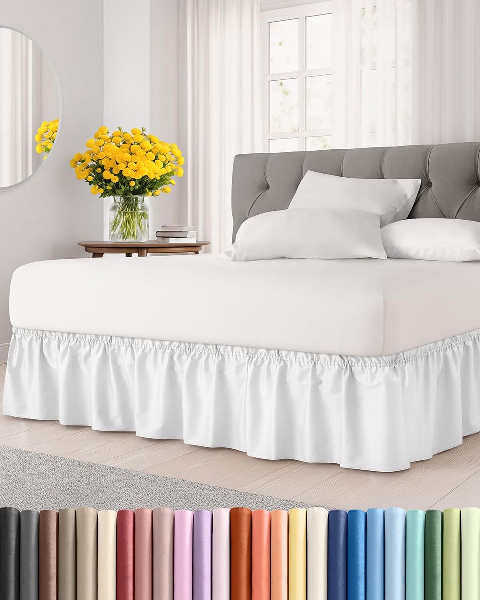 New! Wrap Around Dust Ruffle Bed Skirt - White - for Queen Size Beds with 12 Inch Drop - Easy Fit Elastic Strap - Adjustable