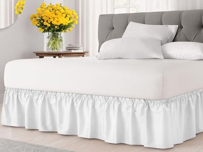 New! Wrap Around Dust Ruffle Bed Skirt - White - for Queen Size Beds with 12 Inch Drop - Easy Fit Elastic Strap - Adjustable