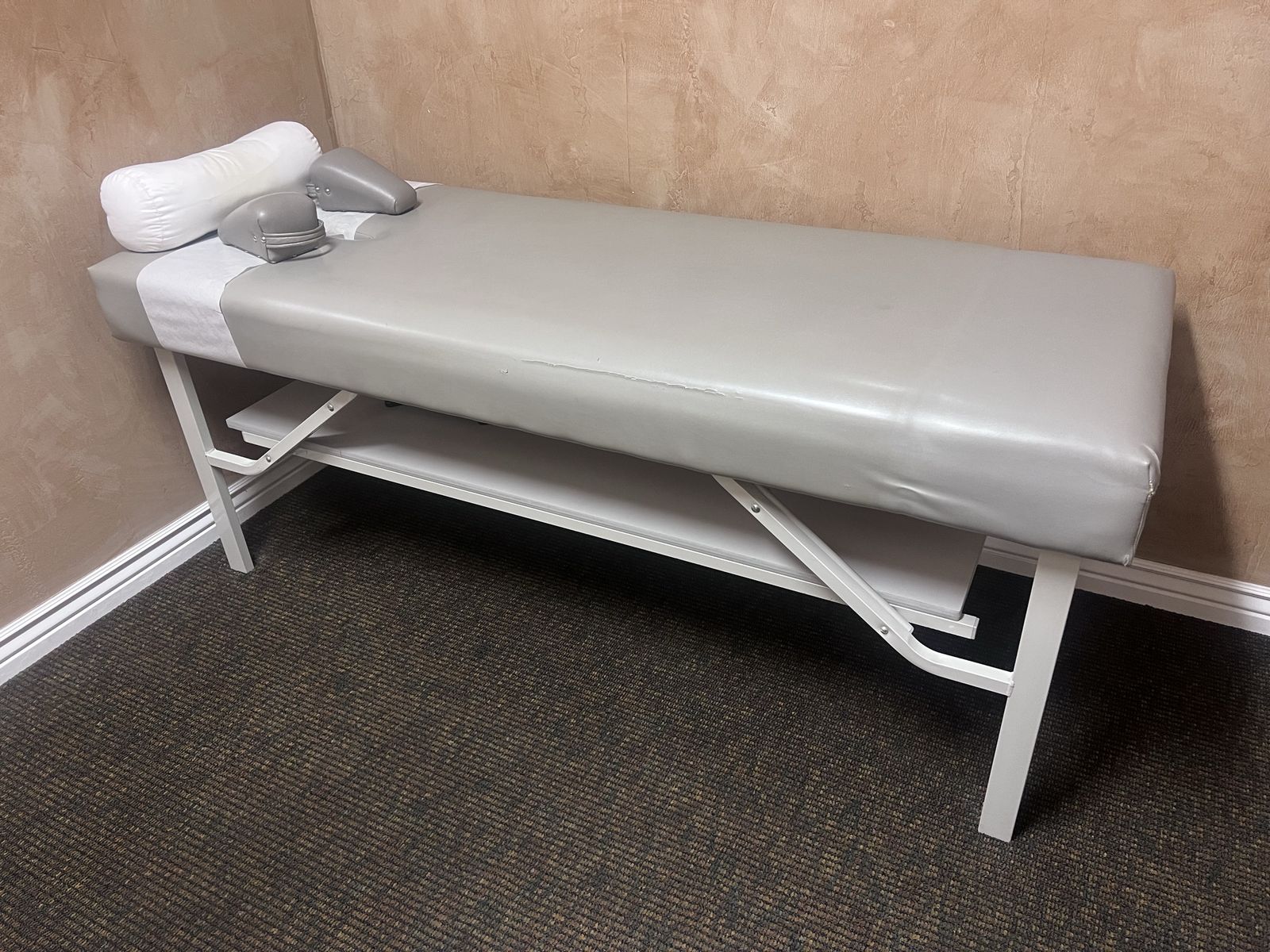 Stationary Massage Treatment Table with Lower Storage Shelf - Grey Vinyl