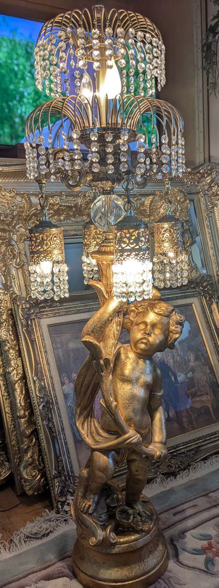 Huge 4' Antique Hollywood Regency style Gold Leafed Cherub Floor Lamps with Solid Brass and Crystal Tiered light features