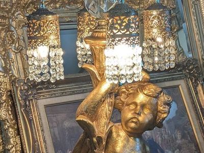 Huge 4' Antique Hollywood Regency style Gold Leafed Cherub Floor Lamps with Solid Brass and Crystal Tiered light features