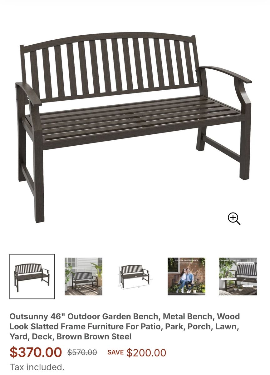 Outsunny 46" Outdoor Garden Bench - Brown Wood-Look Slatted Metal Frame - Patio/Deck Seating