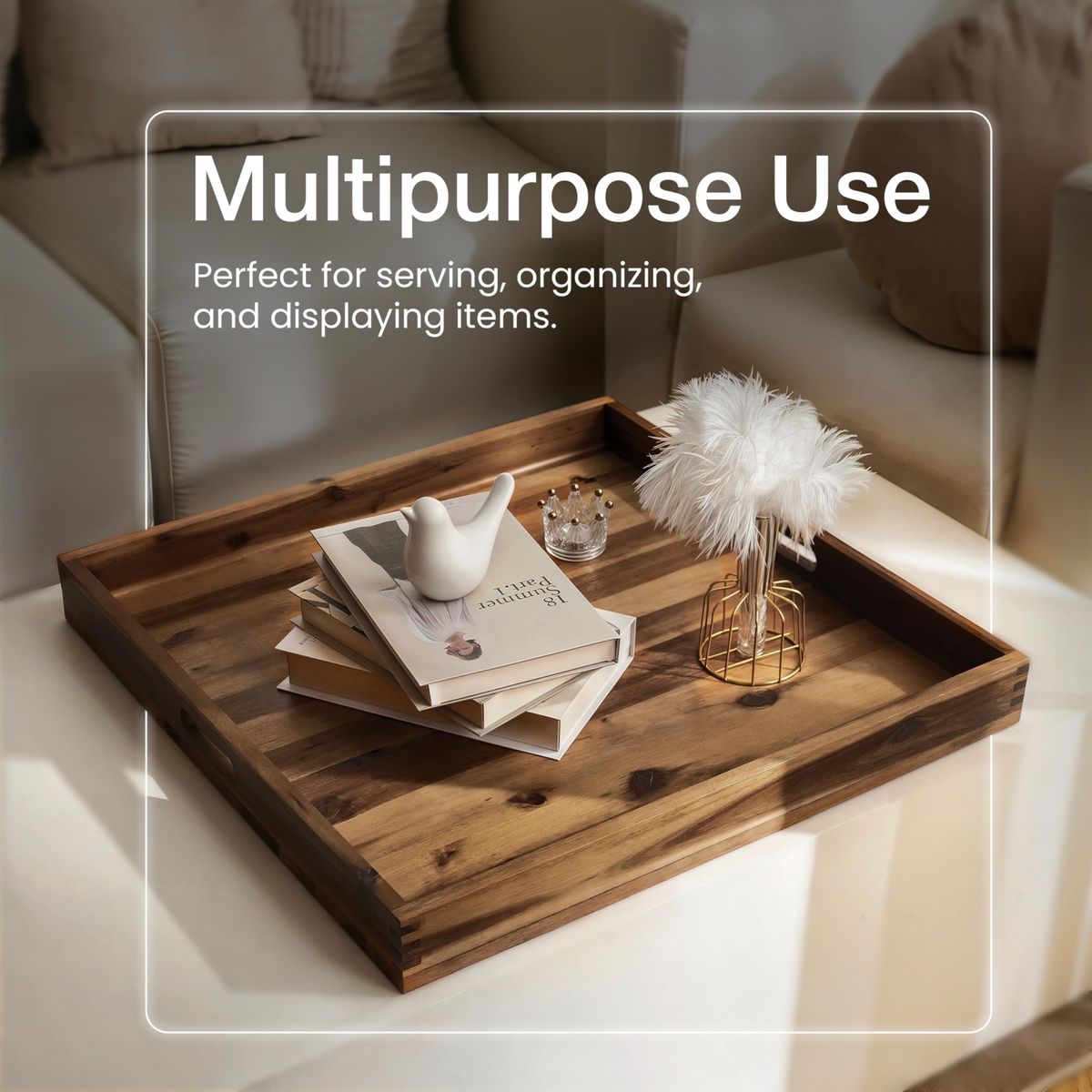 TIDITA 24 x 24 inch Acacia Wood Square Ottoman Tray – Large Wooden Tray for Ottoman, Extra Large Ottoman Tray for Living Room, C