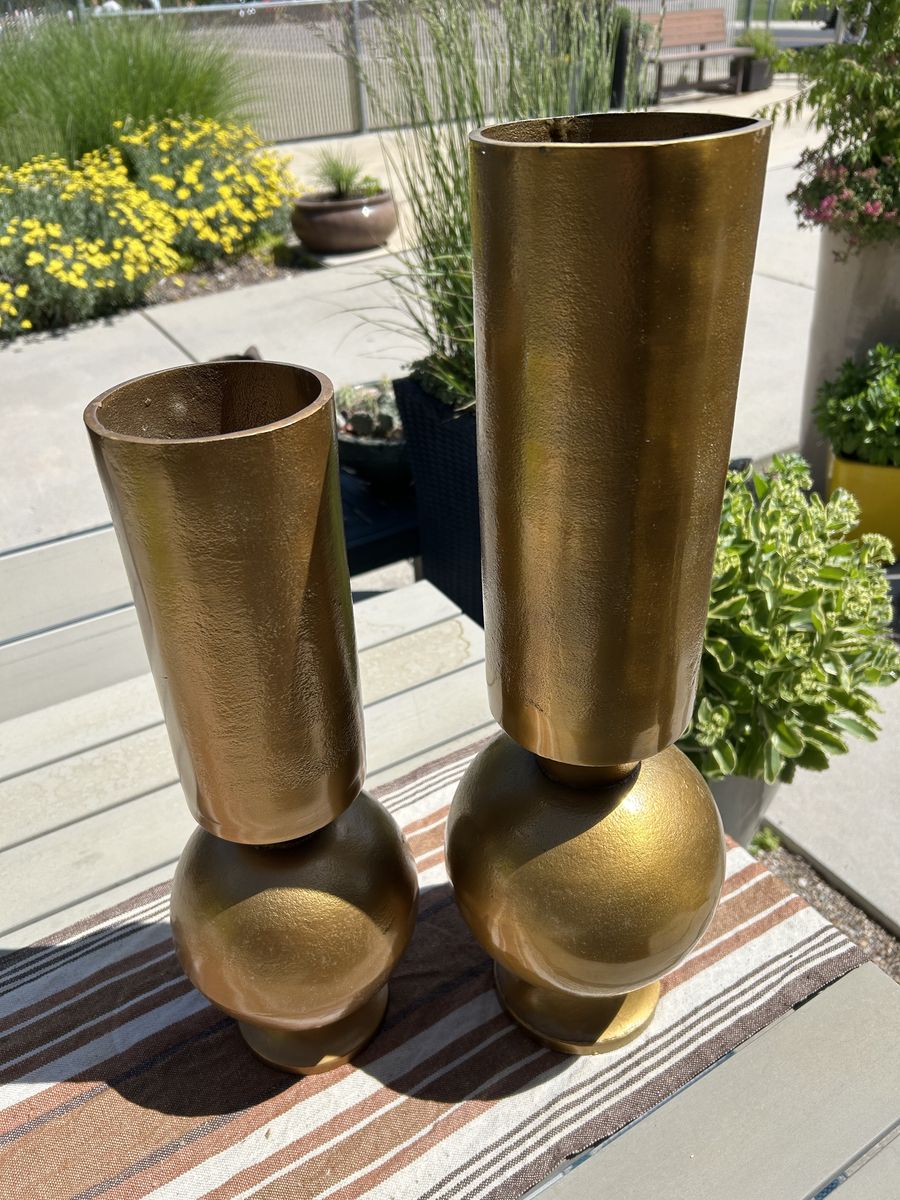 Heavy Steel Gold Large Dramatic Vases Set