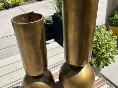Heavy Steel Gold Large Dramatic Vases Set