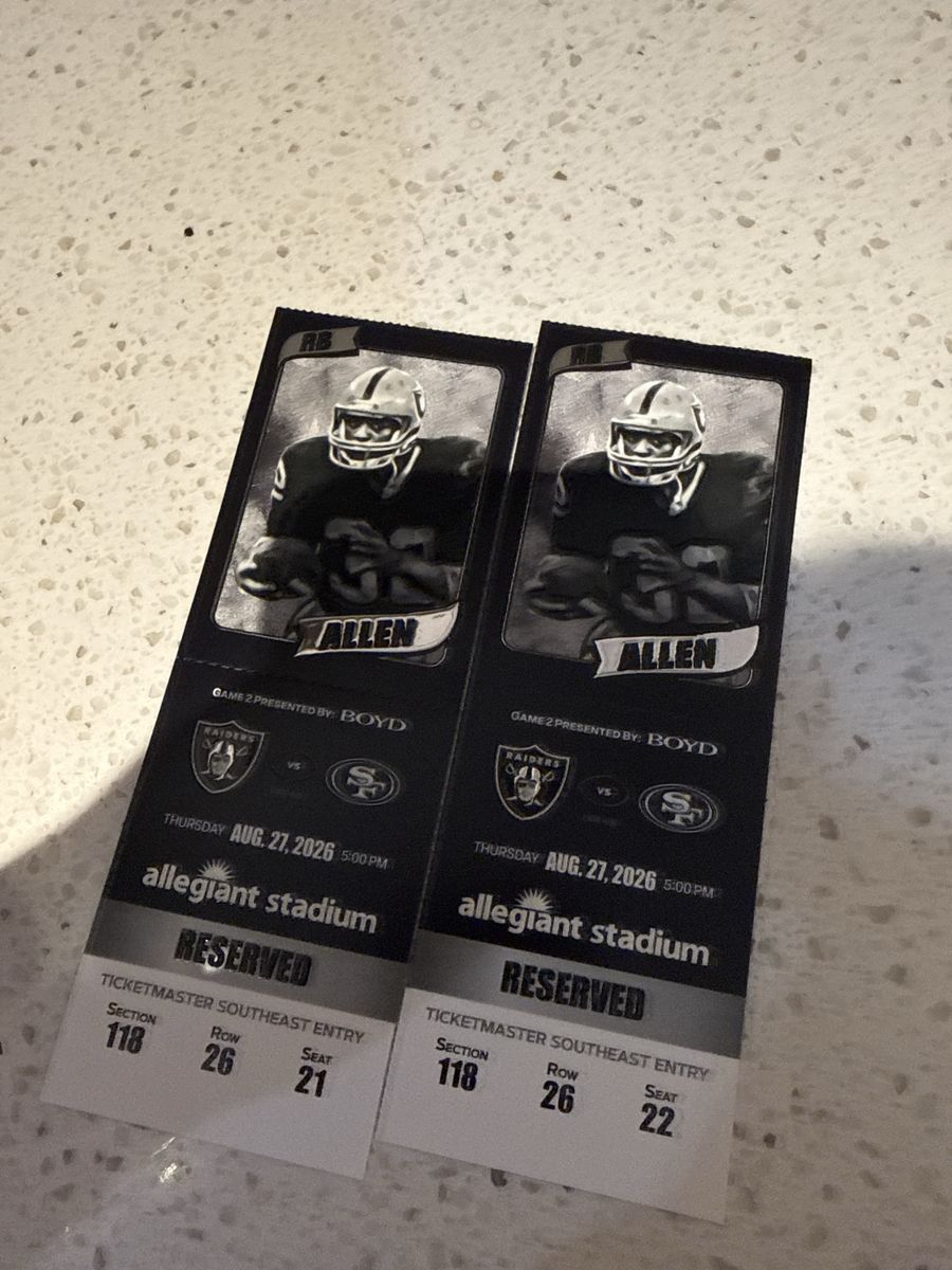 2 Las Vegas Raiders vs 49ers Game Tickets - Allegiant Stadium Sec 118 Row 26