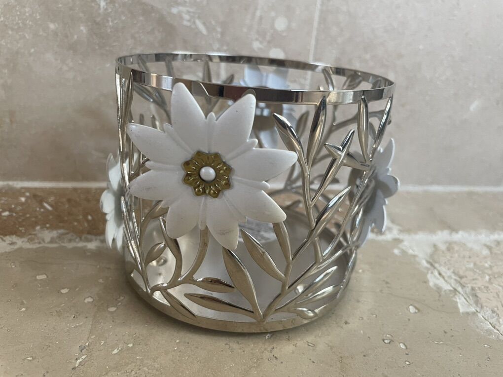 Candle Holder Silver Metal W/ White Flowers