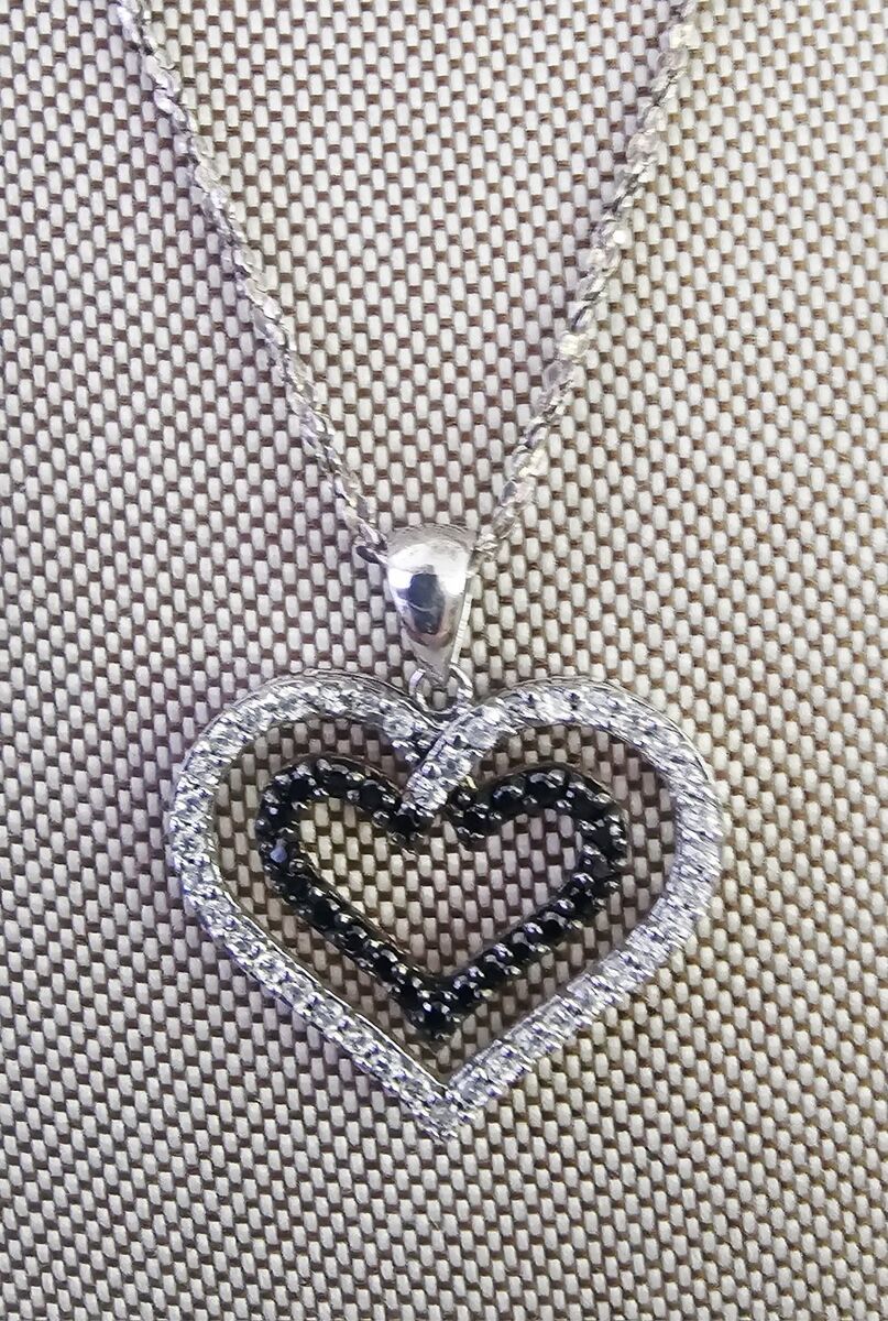 Vntg Sterling Silv LAYERED HEART W/BLACK/WHITE CZ