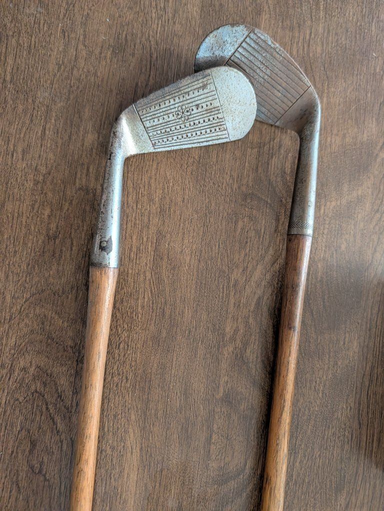 Vintage Hickory Shaft Golf Clubs Pair Stylist Mashie Niblick Hand Forged Antique Golfing Set