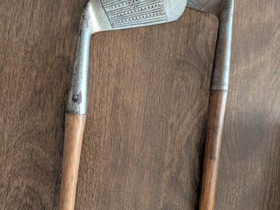 Vintage Hickory Shaft Golf Clubs Pair Stylist Mashie Niblick Hand Forged Antique Golfing Set