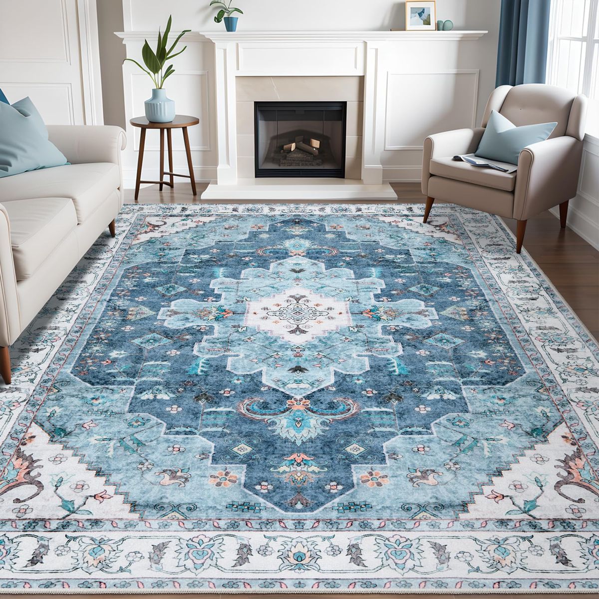 New Boho 8x10 Area Rugs Blue, Washable Vintage Large Living Room Rug Non-Slip, Ultra Soft