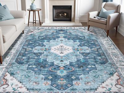 New Boho 8x10 Area Rugs Blue, Washable Vintage Large Living Room Rug Non-Slip, Ultra Soft