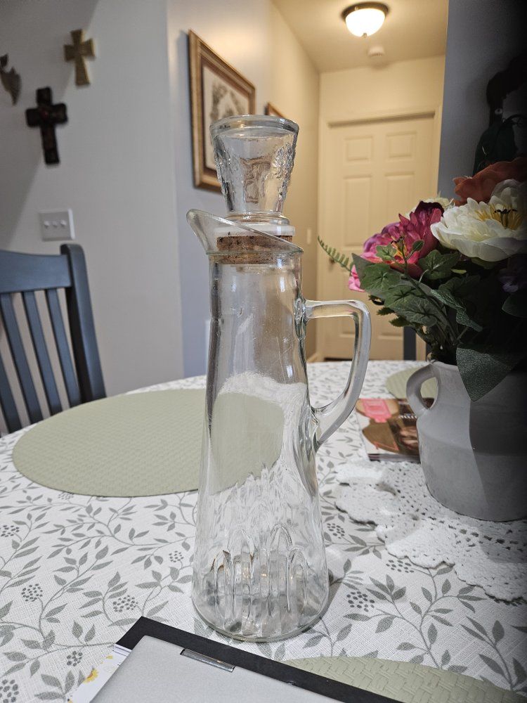 Vintage Clear Glass Syrup Pitcher with Handle and Stopper, Paneled Base, Etched Stopper