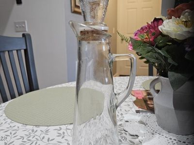 Vintage Clear Glass Syrup Pitcher with Handle and Stopper, Paneled Base, Etched Stopper