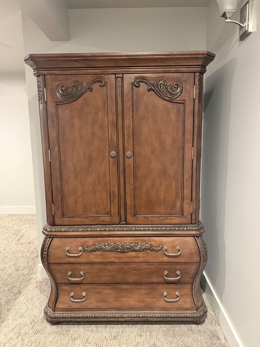 Ornate Traditional Wooden Armoire Wardrobe with 2 Doors and 3 Drawers, Dark Wood Finish
