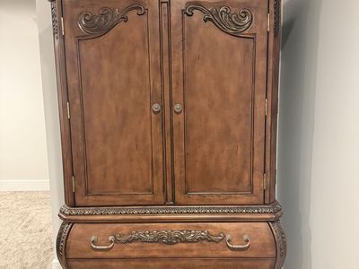 Ornate Traditional Wooden Armoire Wardrobe with 2 Doors and 3 Drawers, Dark Wood Finish