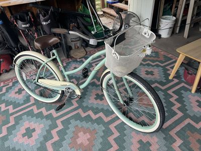 Huffy Cranbrook Cruiser Bike Mint Green with Front Basket and Flower Accent Ready to Ride