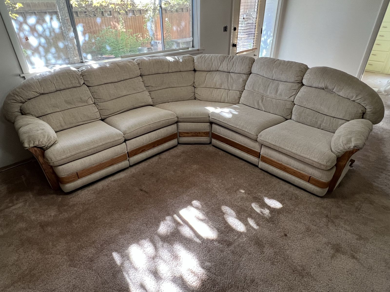 Vintage Modular Sectional Sofa with Recliners - Beige Fabric, Wood Trim