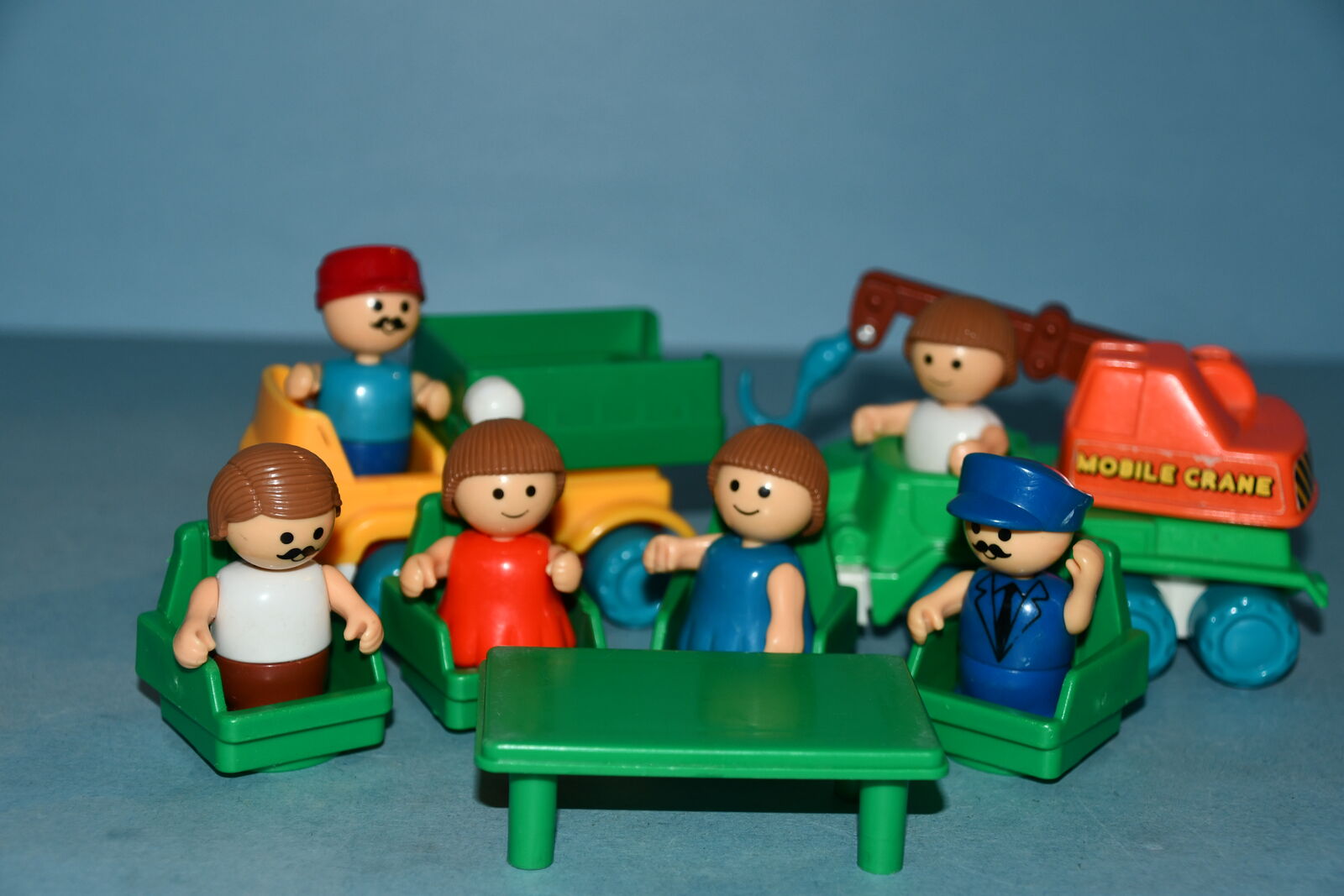 VINTAGE PLAYSKOOL LI'L PLAYMATES PLAY SET ~ FIGURES, VEHICLES, CHAIRS & TABLE ~ CLEAN!