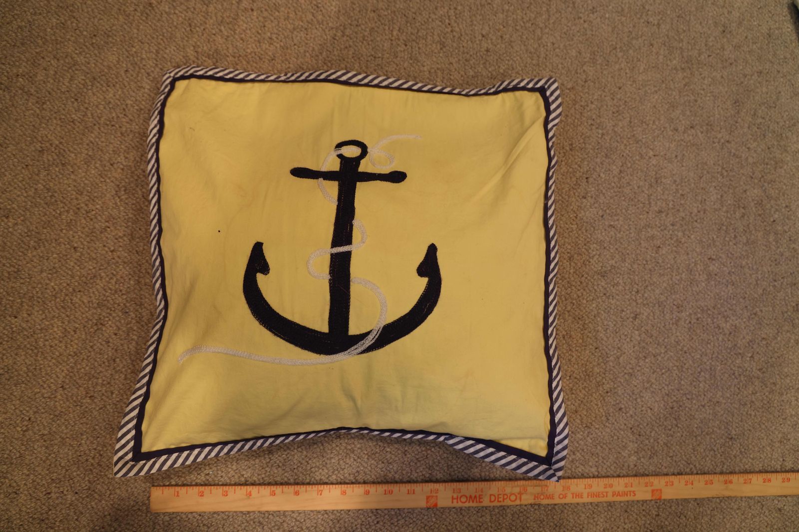Nautical Anchor Decorative Throw Pillow Yellow/Navy Blue Striped Trim 17x17"