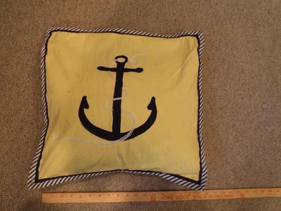 Nautical Anchor Decorative Throw Pillow Yellow/Navy Blue Striped Trim 17x17"