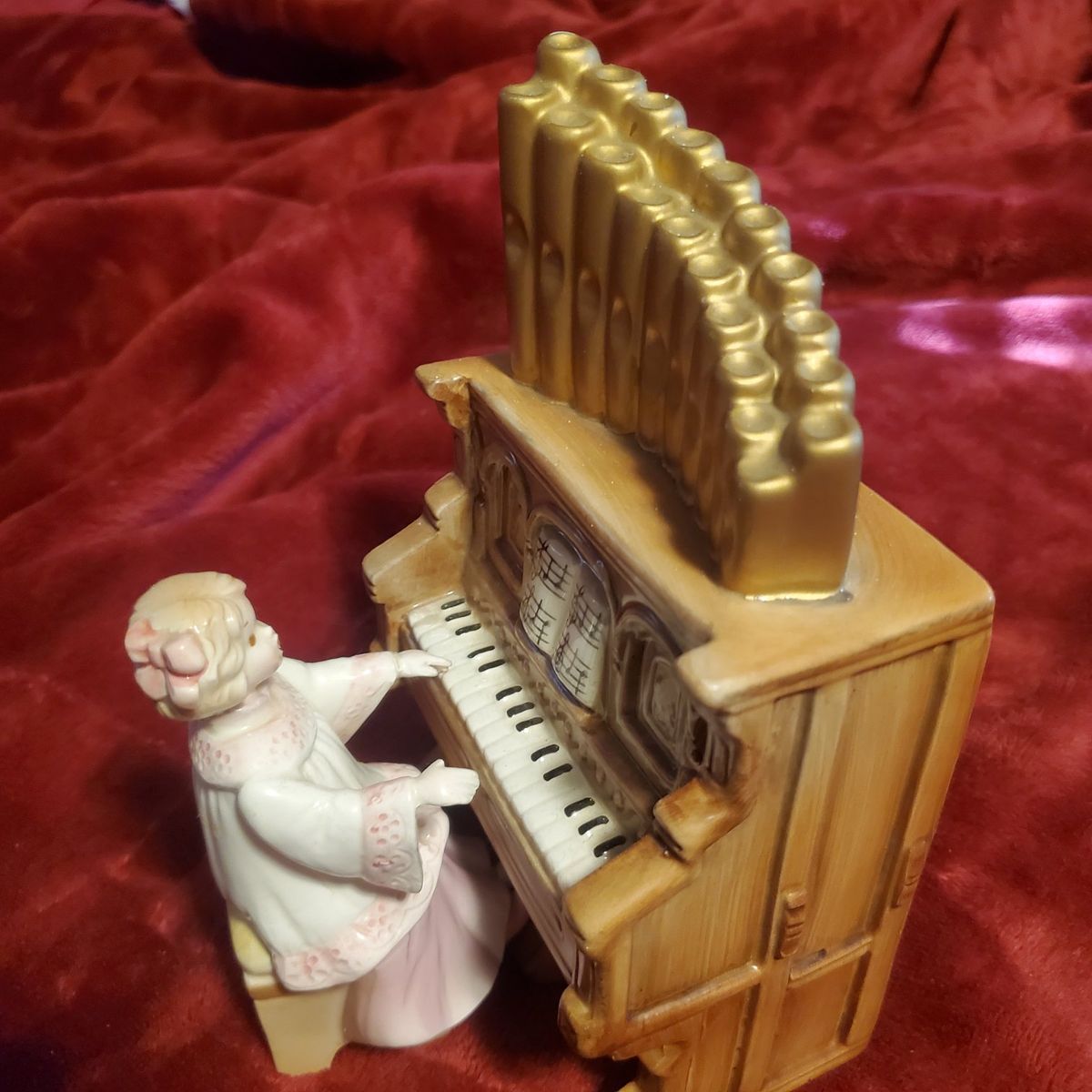 Vintage Porcelain Figurine Set - Wind up music Girl Playing Pipe Organ Piano