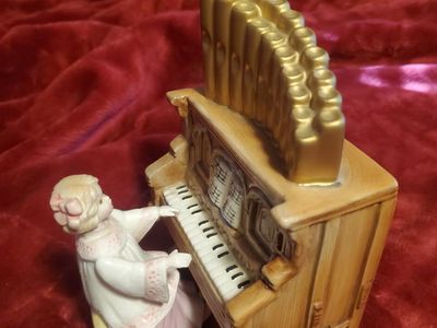 Vintage Porcelain Figurine Set - Wind up music Girl Playing Pipe Organ Piano