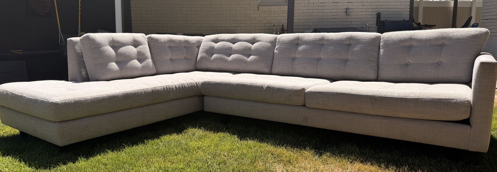 Large Tufted Light Gray Fabric Sectional Sofa with Chaise
