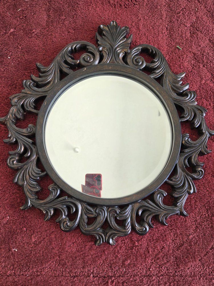 Ornate Dark Brown Scrollwork Wall Mirror - Round Decorative Accent Mirror