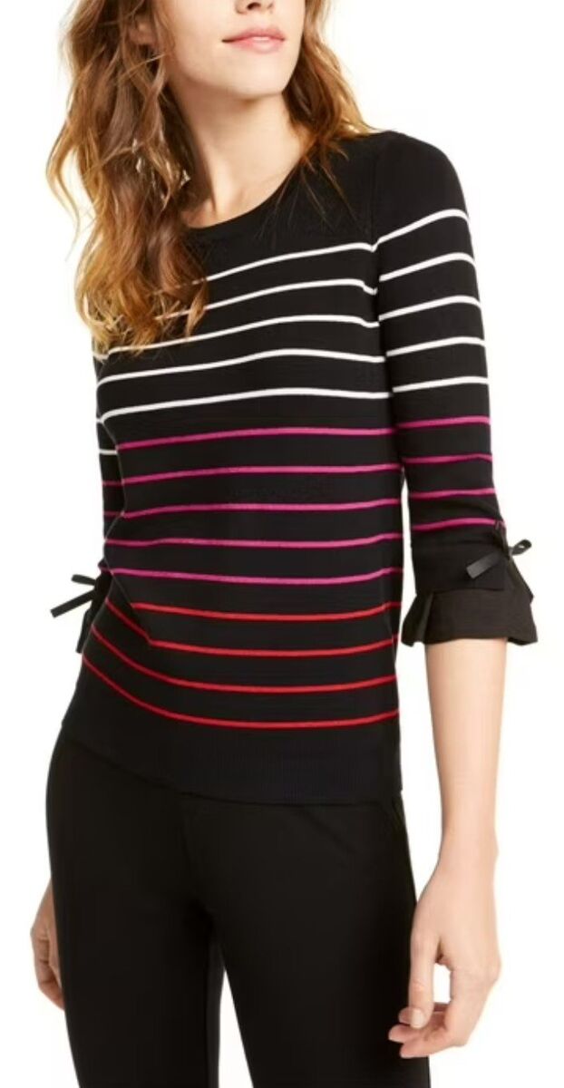 Maison Jules Womens Ribbed Trim Striped Crewneck